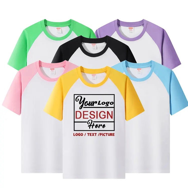 Factory-Direct-100Cotton-Kids-ShortSleeve-T-Shirt-180gsm-Crew-Neck-ColorBlock-Raglan-Sleeve-Custom-Heat-Transfer-Logo