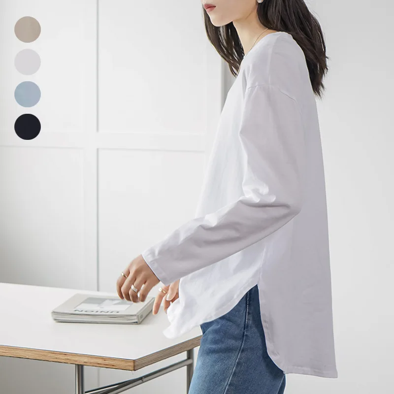 Fashion-Cotton-Women-Long-Sleeve-T-Shirt-Solid-Color-Basic-Tops-Side-Split-Casual-Undershirt-Spring-Autumn