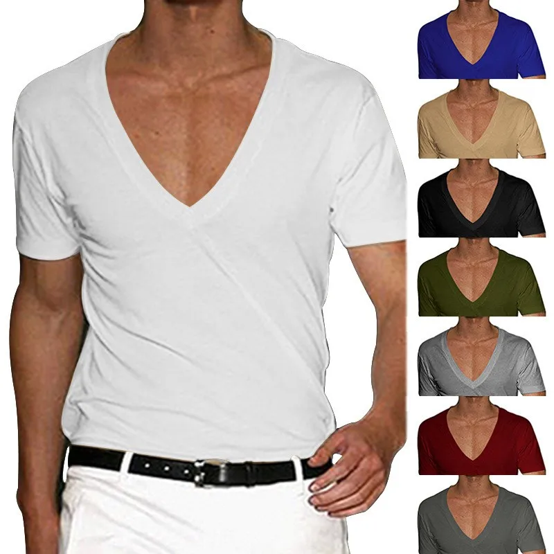Fashion-Knitted-Mens-T-Shirt-Pure-Cotton-Slim-Fit-Short-Sleeve-V-Neck-Solid-Dyed-Blue-Black-Custom-Size-Casual-Style-for-Spring