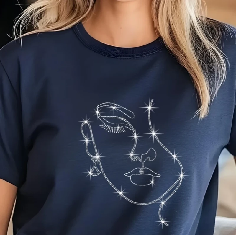Fashion-Trend-T-shirt-Printing-Heat-Press-Rhinestone-Lady-Girl-Face-Cartoon-Design