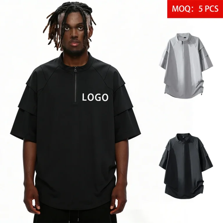Fashionable-100-Polyester-Mens-T-shirts-Made-220g-Nano-grid-Regular-Fit-Short-Sleeve-Half-Zipper-Casual-Breathable