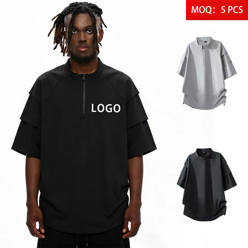 Fashionable-100-Polyester-Mens-T-shirts-Made-220g-Nano-grid-Regular-Fit-Short-Sleeve-Half-Zipper-Casual-Breathable