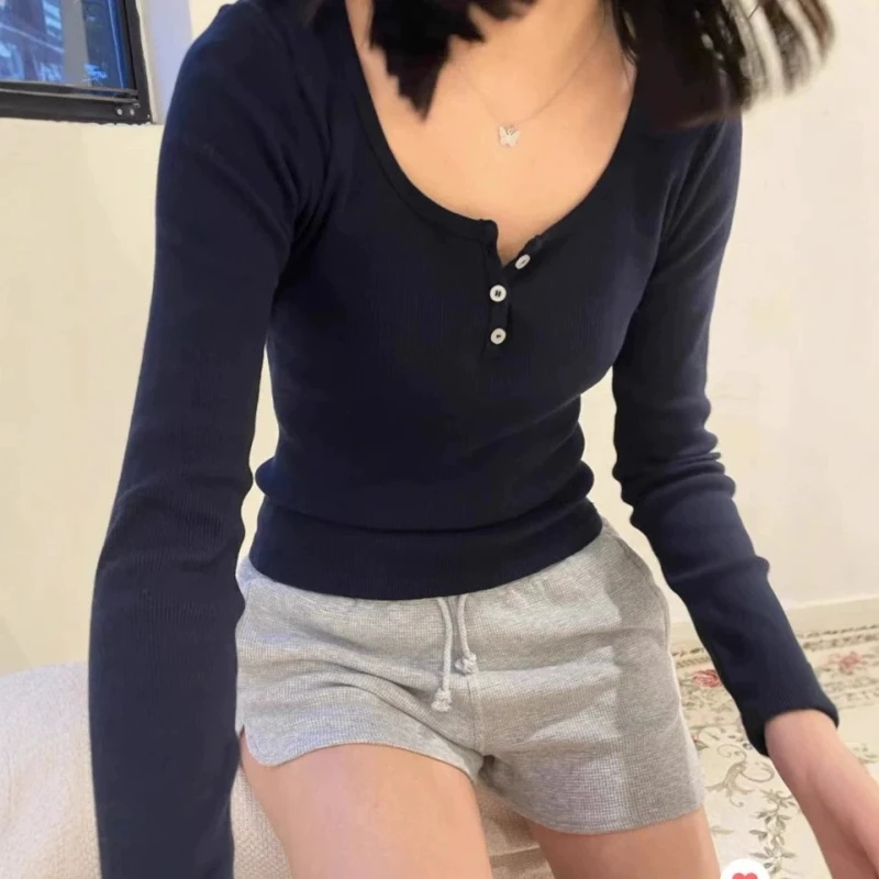 Fashionable-Cotton-Long-Sleeve-T-Shirt-Autumn-Solid-Color-Button-Base-Layer-Top-Fitted-One-Womens-Clothing