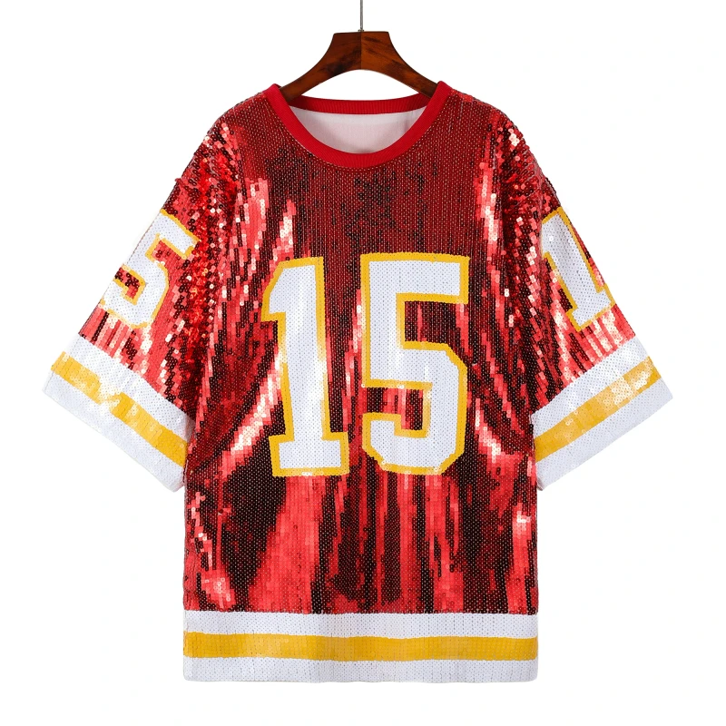 For-City-Womens-Plus-Size-Casual-T-Shirt-Loose-Waist-Long-Football-Dress-Sequin-Front-Logo-Knitting-Embroidered-100