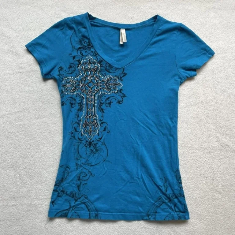 Foreign-Trade-Summer-New-Polyester-Cross-Pattern-Printed-Womens-Sexy-Slim-fit-V-neck-T-shirt