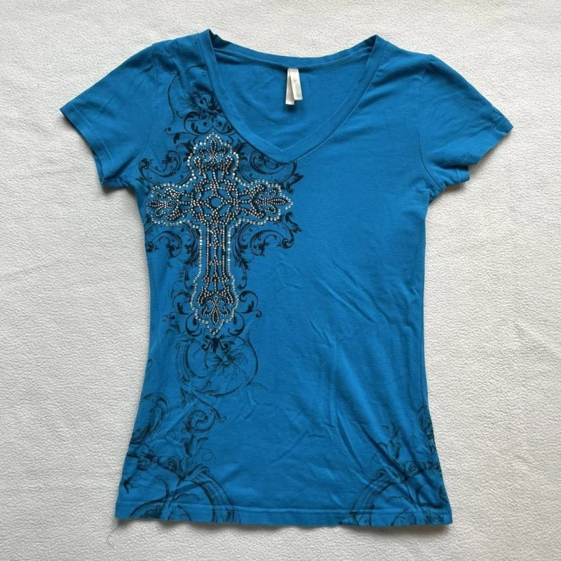 Foreign-Trade-Summer-New-Polyester-Cross-Pattern-Printed-Womens-Sexy-Slim-fit-V-neck-T-shirt