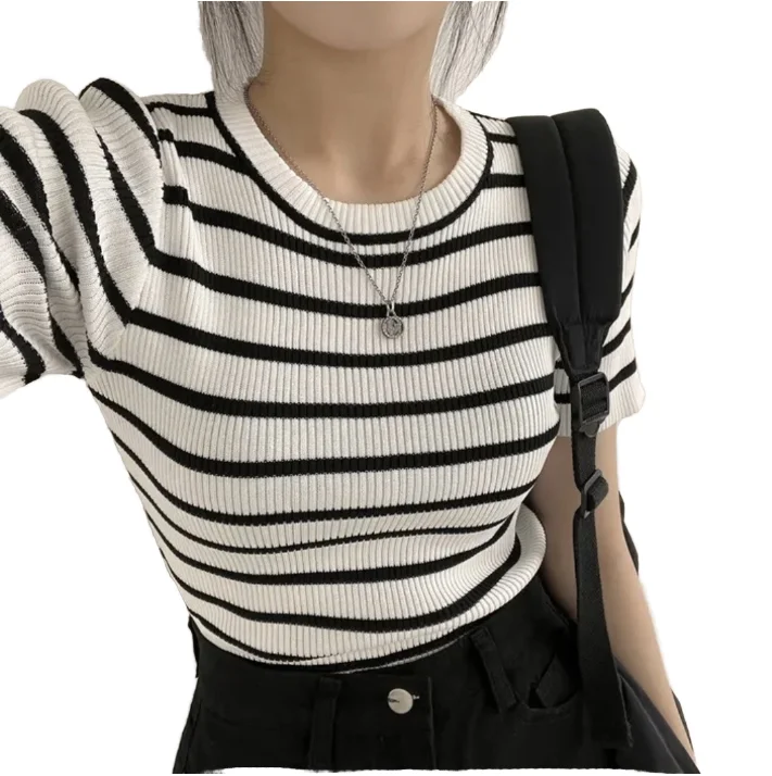 Free-Size-Womens-Short-Puff-Sleeve-Knit-Tops-Trendy-Crewneck-Striped-T-Shirts-Casual-Summer-Blouses