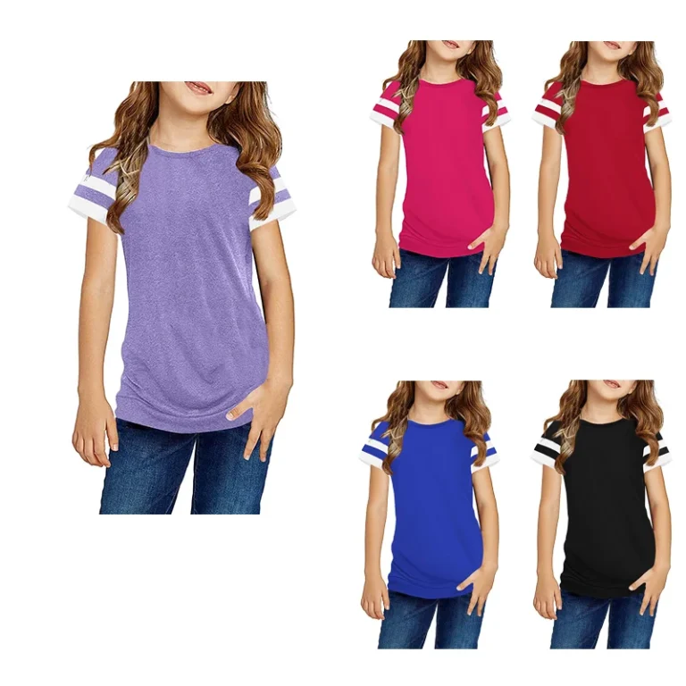 Girls-Casual-Short-Sleeve-T-Shirts-Kids-Girls-Loose-Soft-Striped-Color-Block-Tunic-Tops-Custom-Logo-Girls-Fit-T-Shirts