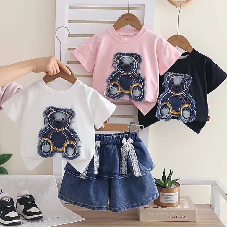 Girls-Summer-Cotton-Denim-Breathable-Casual-Two-Piece-Set-with-Short-Sleeves-and-Letter-Pattern-Short