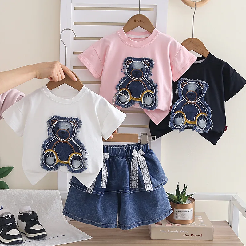 Girls-Summer-Cotton-Denim-Breathable-Casual-Two-Piece-Set-with-Short-Sleeves-and-Letter-Pattern-Short