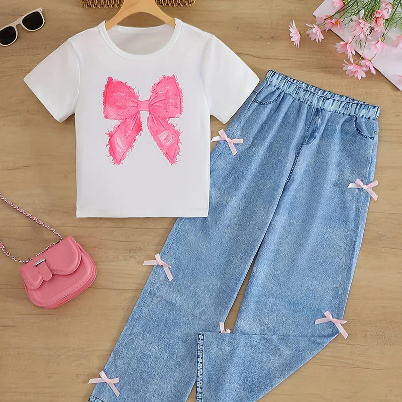Girls-Summer-Set-for-Kids-Long-Pants-Short-Sleeve-Top-Bow-Print-Short-Sleeve-T-Shirt-Bow-Adorned-Wide-Leg-Straight-Cut-Pants