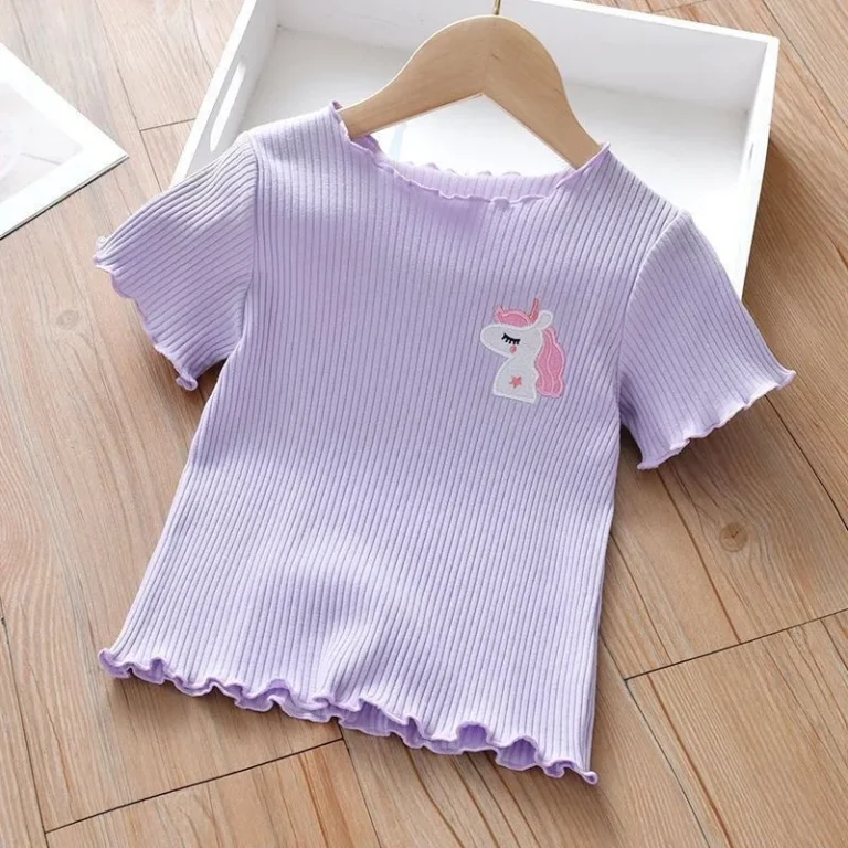 Girls-Unicorn-Embroidered-T-Shirt-Ruffle-Trim-Ribbed-Knit-Summer-Top