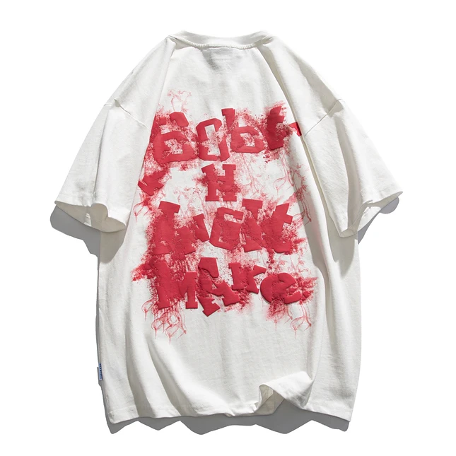 Graphic-T-Shirt-Casual-T-Shirt-OEM-Foam-Letter-Short-Sleeve-Back-Printed-Round-Neck-Loose-Mens-and-Womens-Summer