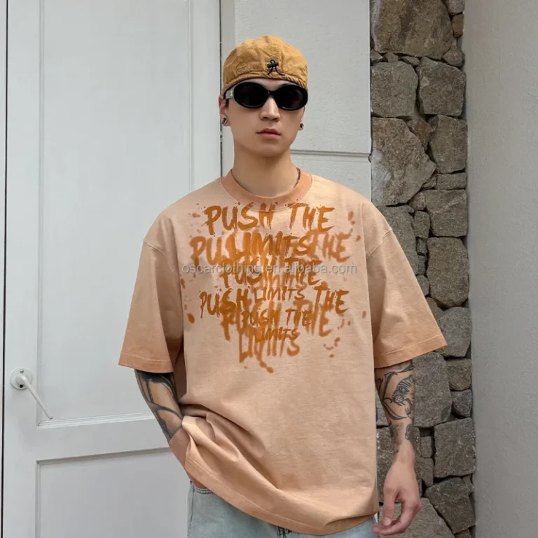 Heavyweight-Acid-Wash-T-Shirt-for-Men-100-Cotton-260-GSM-Plain-Orange-Graphic-Custom-Knitted-Fabric