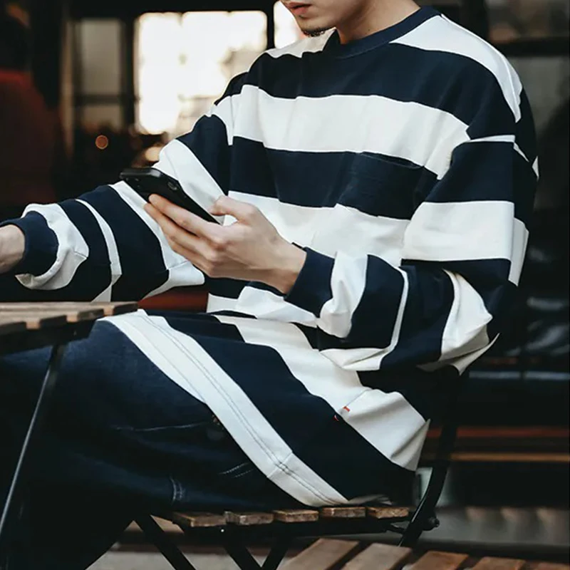 Heavyweight-Boxy-Cotton-CrewNeck-Streetwear-Long-Sleeve-Shirt-Mens-Navy-White-Wide-Stripe-Oversized-Long-Sleeve-T-Shirt