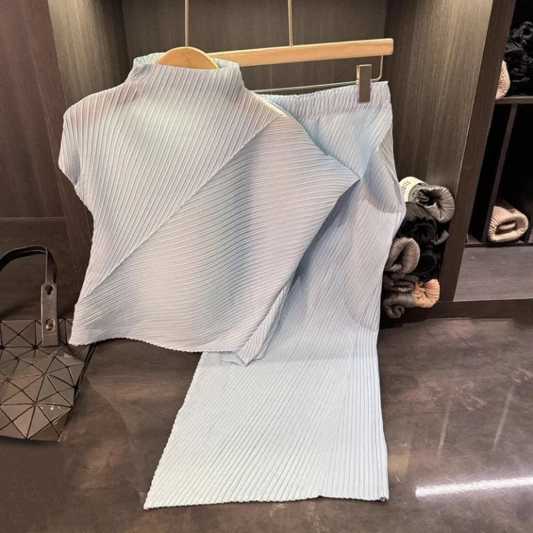 High-End-Womens-Casual-Two-Piece-Set-Full-Length-Loose-Fit-T-Shirt-Stand-Up-Collar-Elastic-Waist-Irregular-Solid-Color-Knitting