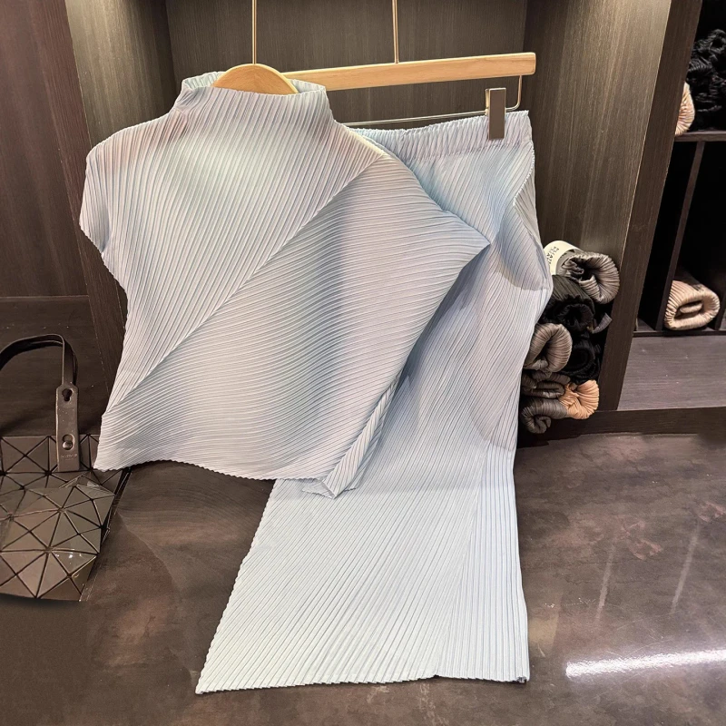 High-End-Womens-Casual-Two-Piece-Set-Full-Length-Loose-Fit-T-Shirt-Stand-Up-Collar-Elastic-Waist-Irregular-Solid-Color-Knitting