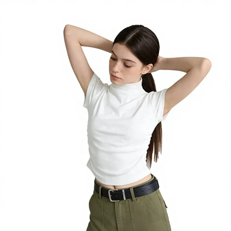 High-Neck-T-Shirts-Slim-Fit-Sexy-Hot-Girl-Belly-Baring-Slim-Fitting-Short-Sleeved-Womens-Summer-Casual-Jersey-Letter