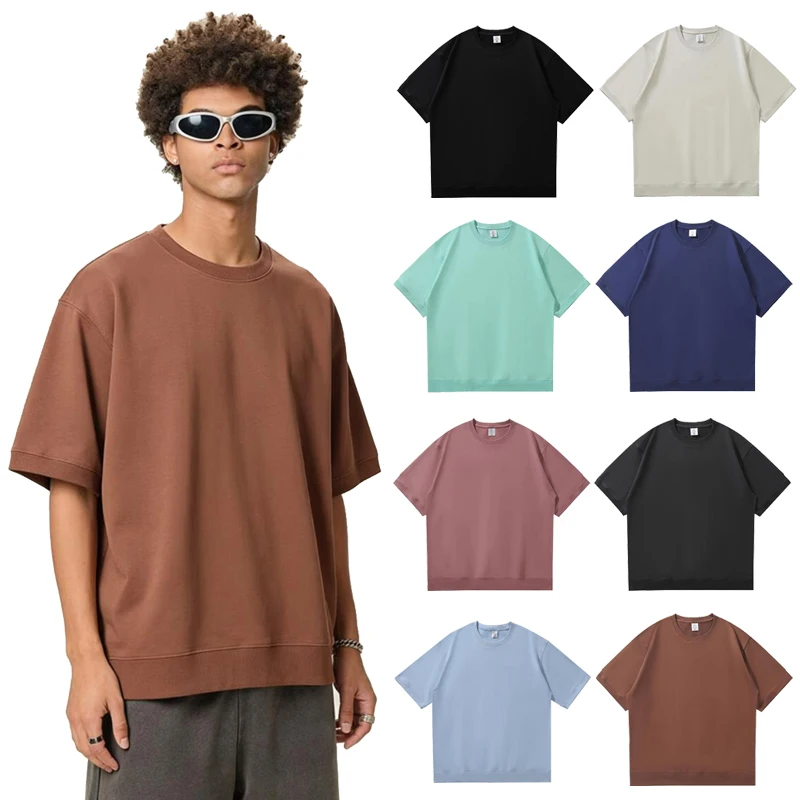High-Quality-100-Cotton-260-Grams-Loose-Unisex-T-shirt-Ribbed-Cuff-Hem-Custom-Printing-Logo-Men-Plain-O-Neck-Breathable-Tshirt-1