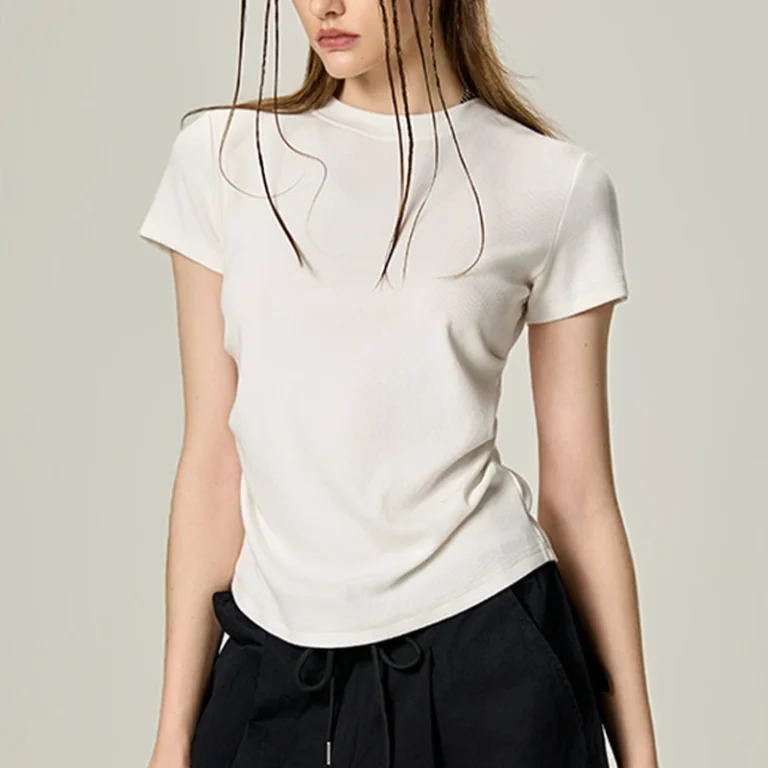 High-Quality-100-Cotton-Womens-T-Shirts-Breathable-280GSM-Acid-Wash-Bow-Defined-Waist-Slim-Fit-Casual-O-Neck-for-Summer