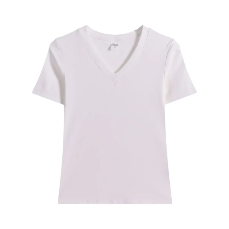 High-Quality-230GSM-Cotton-Spandex-V-Neck-Solid-Color-Slim-Fit-Custom-Silk-Screen-Printing-Summer-Womens-T-shirts-With-6-Colors