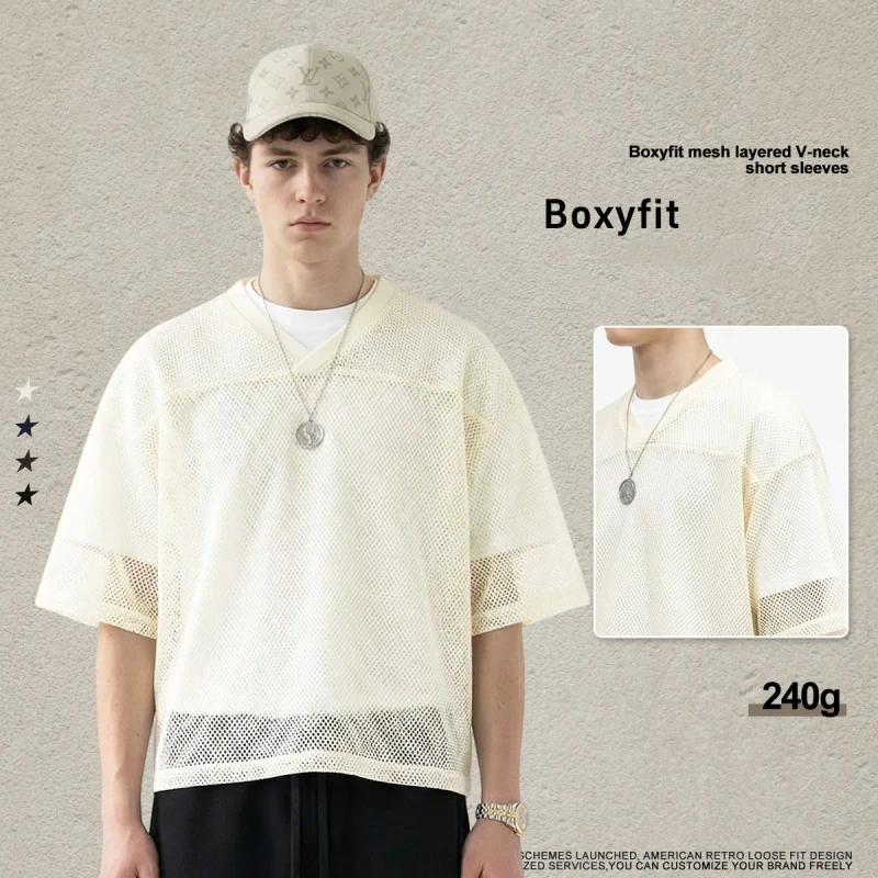 High-Quality-240grams-Streetwear-V-Neck-Crop-Mesh-Boxy-Fit-Mens-Short-Sleeve-Printing-T-shirts-Sportwear
