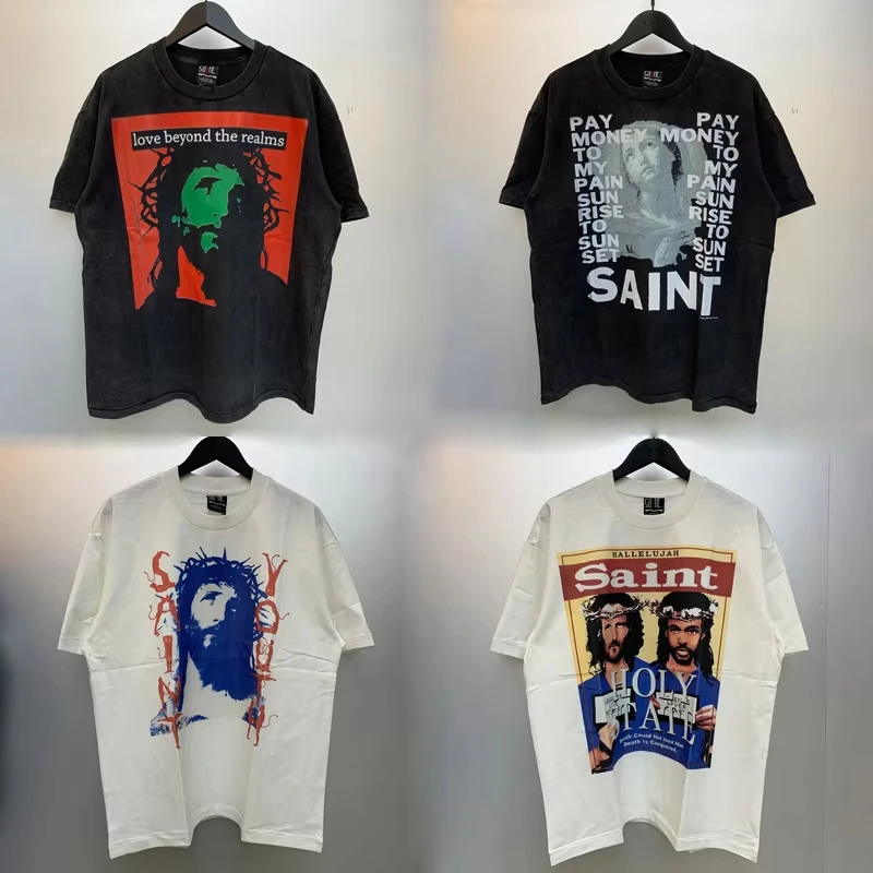 High-Quality-Cotton-Street-Wear-Mens-TShirts-Oversized-Drop-Shoulder-White-Black-Vintage-Printed-Saint-Michael-T-Shirt-For-Men