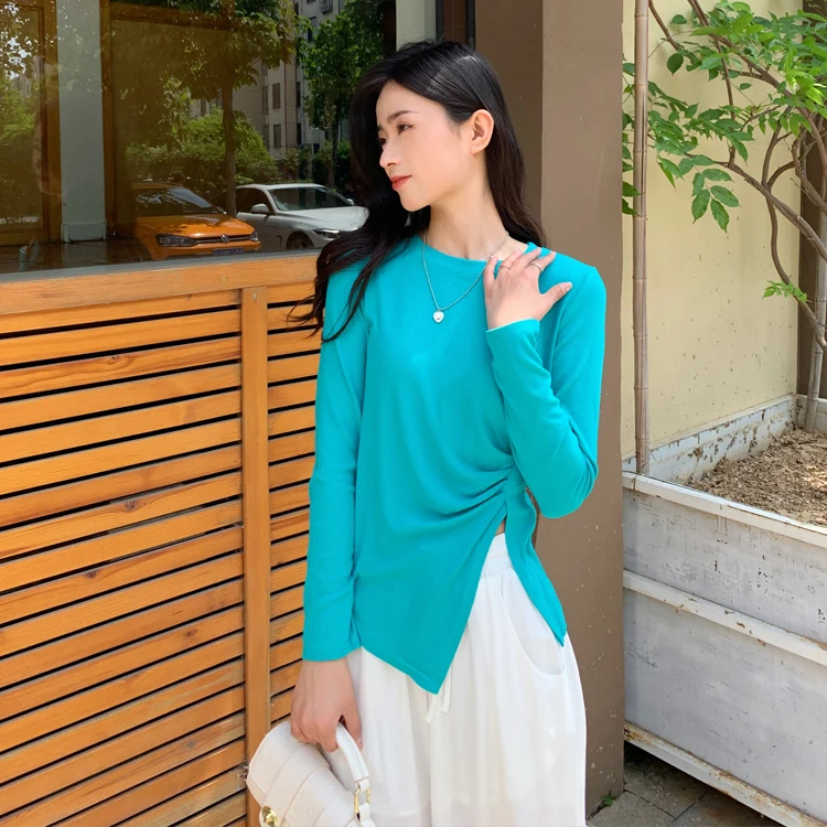 High-Quality-Fashion-Casual-Irregular-Women-Long-Sleeve-T-Shirt-Asymmetrical-Pleated-Custom-T-Shirt