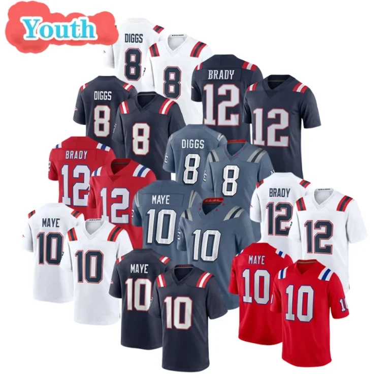High-Quality-Kids-Football-Jersey-New-England-8-Diggs-12-Tom-Brady-10-Drake-Maye-Youth-Jersey-Stitched-Sports-T-Shirt