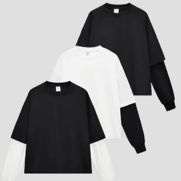 High-Quality-Patchwork-Faux-Layered-Sleeves-T-Shirt-Vintage-Longsleeve-Shirt-Factory-Direct-OEM-Custom
