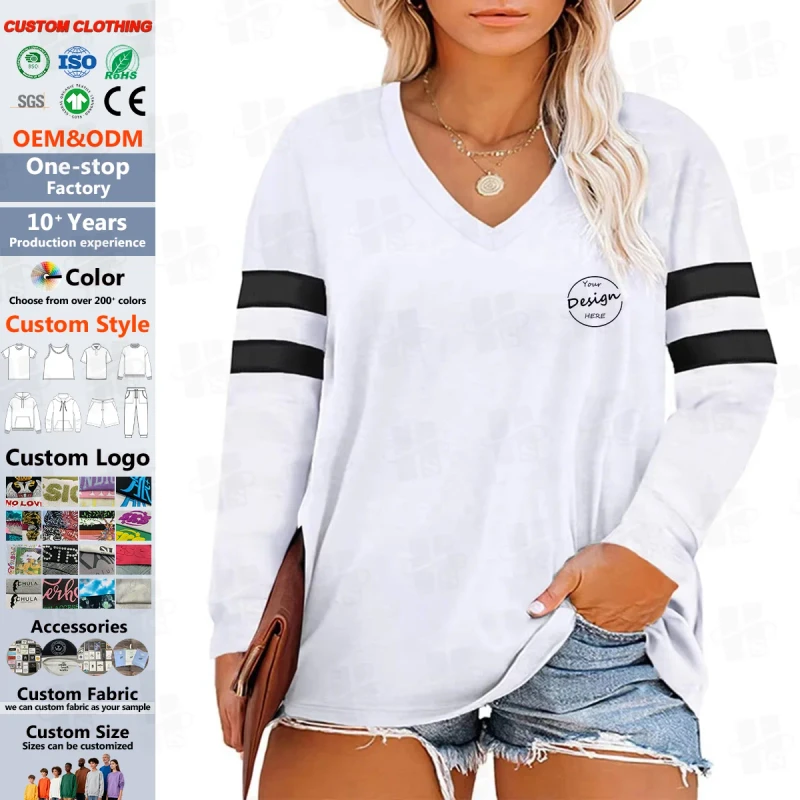 High-Quality-Plus-Size-Long-Sleeve-Women-T-Shirts-Stripped-Sleeve-V-Neck-Tshirt-100-Cotton-T-Shirt-Custom-Logo
