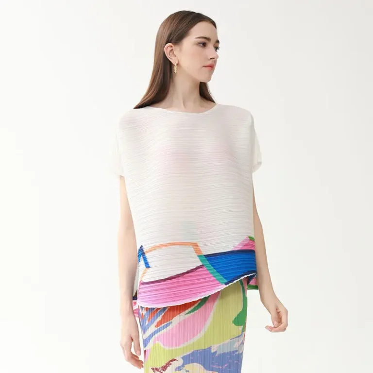 High-Quality-Printing-Oversized-T-shirt-Women-Tops-Casual-O-neck-Summer-Color-Matching-Pleated-Clothing