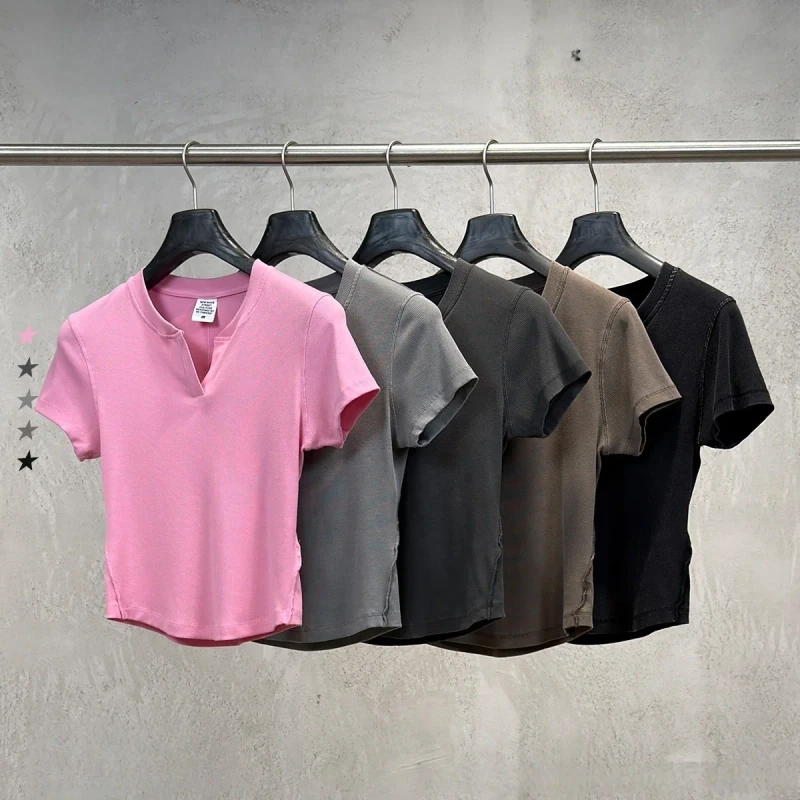 High-Quality-Ribbed-Material-Sunny-Womens-Summer-Casual-V-Neck-T-shirts