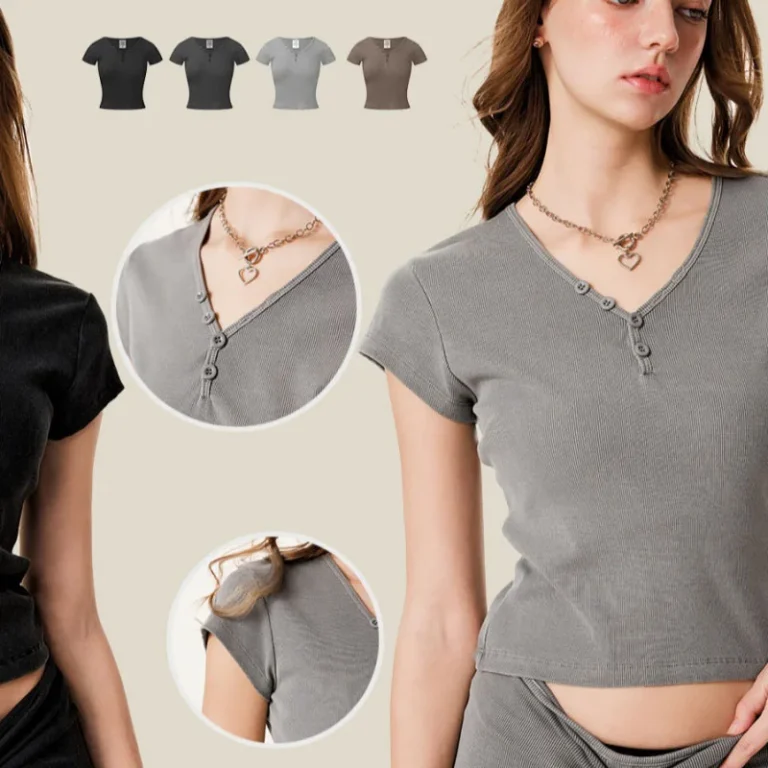 High-Quality-Summer-American-Style-Cute-Casual-T-Shirt-Hot-Girl-Retro-Design-Slim-Fit-Positive-Shoulder-Button-V-Neck-Compressed