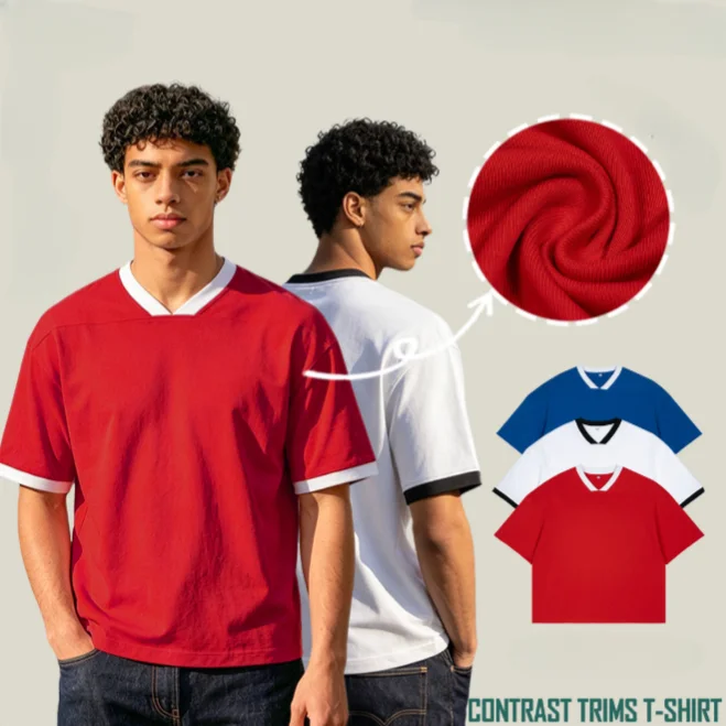 High-Quality-T-shirt-Mens-Custom-V-neck-Streetwear-Contrast-Piping-Short-Sleeve-Heavy-Weight-Tee-Factory-Direct-OEM-Custom
