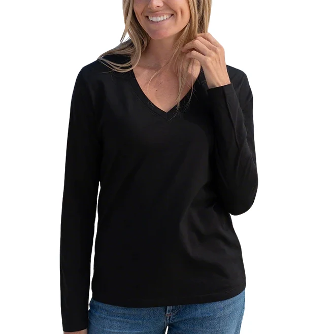 High-Quality-V-neck-Long-Sleeve-Womens-T-shirts-Custom-100Cotton-Solid-Manufacturer-Casual-T-Shirts-for-Women