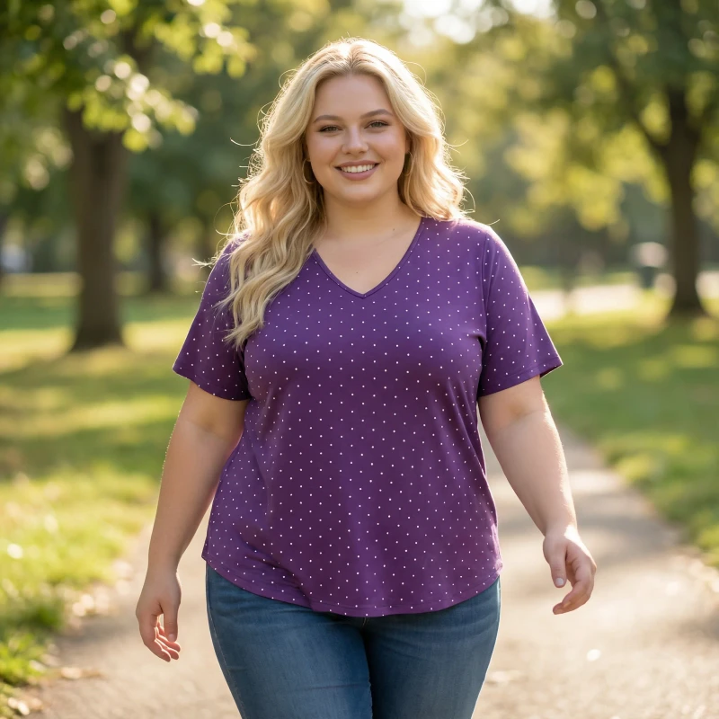 High-Quality-Womens-Plus-Size-Summer-Knitted-Breathable-Stretchy-Soft-V-Neck-Polka-Dot-T-shirts-95Rayon-5Spandex-Casual-Tops
