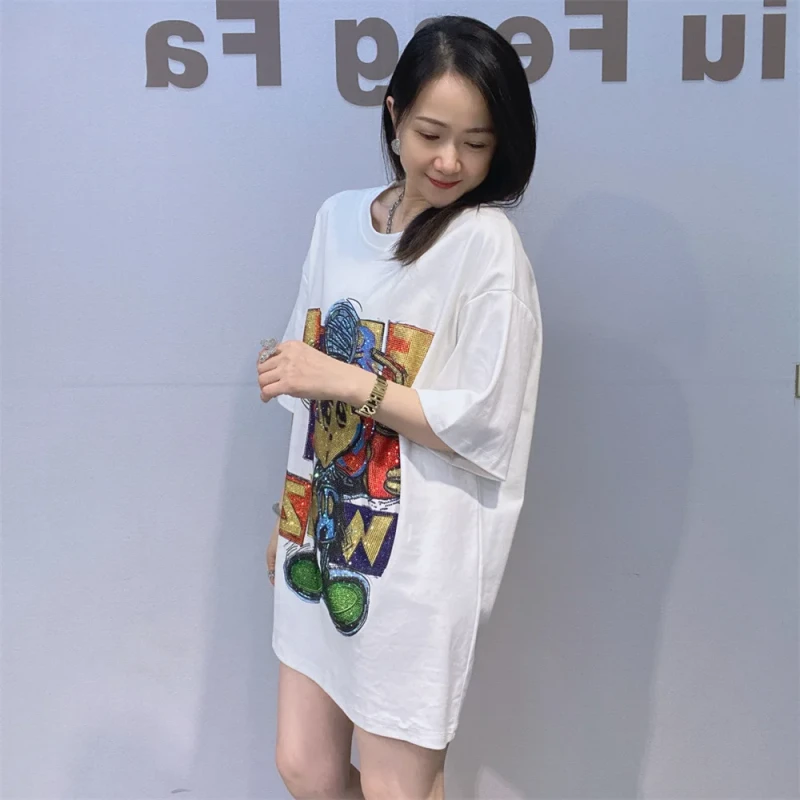 High-quality-Double-yarn-Cotton-Short-sleeve-Plus-size-Womens-Summer-T-shirt-Elaborately-Embellished-Heat-pressed-Rhinestones