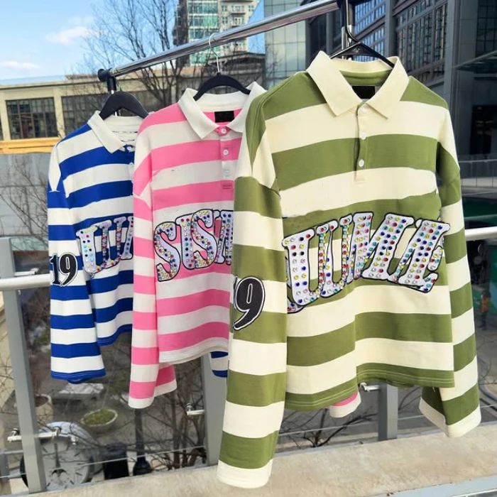 High-quality-custom-logo-mens-oversize-cotton-polyester-stripe-rhinestone-long-sleeve-polo-t-shirts