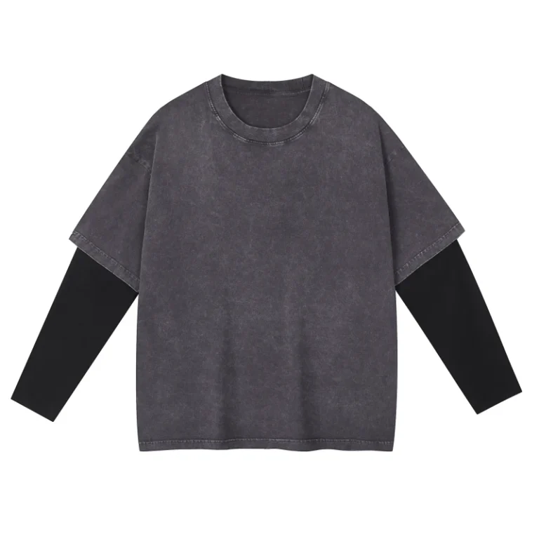 Hip-Hop-Acid-Washed-Faded-Blank-Weight-280-Grams-100-Cotton-Sports-Cut-Street-Wear-Mens-Spliced-Long-Sleeved-In-Stock
