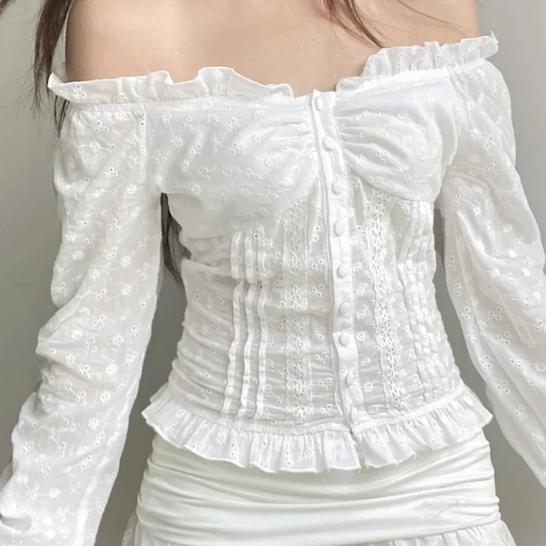 Hot-Girl-Style-Lace-Patchwork-Long-sleeved-T-shirt-Texture-One-shoulder-Waist-Top