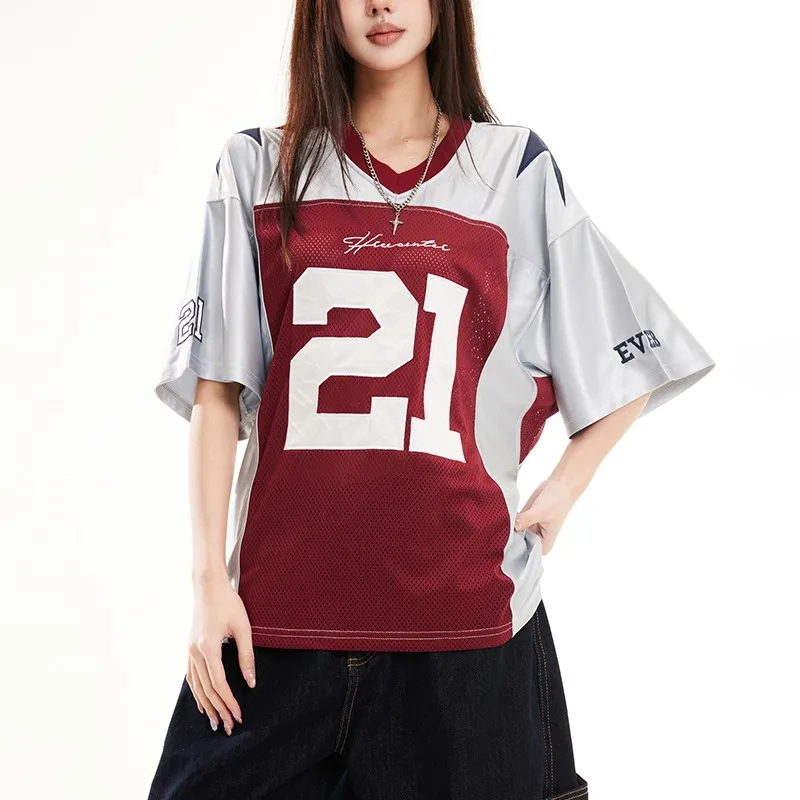 Ice-Silk-V-Neck-Short-Sleeve-Geometric-Casual-Knitted-Unisex-Loose-Summer-Streetwear-T-Shirt-with-Mesh-Breathable-Design