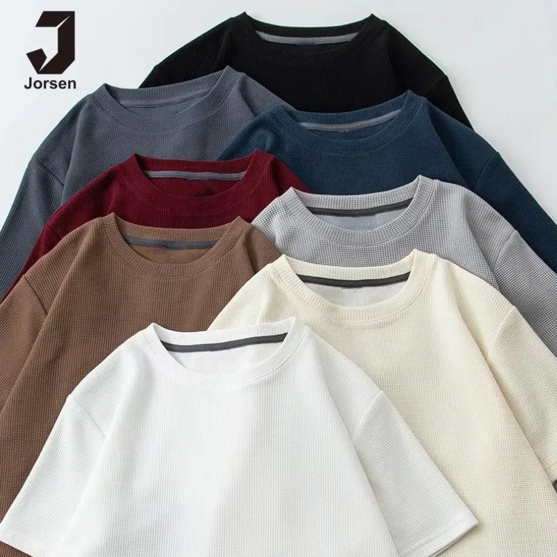 Jorsen-OEM-Full-Custom-LOGO-Mens-Embroidery-Waffle-Knit-Short-Sleeve-T-Shirt-Crew-Neck-Loose-Fit-T-Shirt-Casual-T-Shirt-for-Men