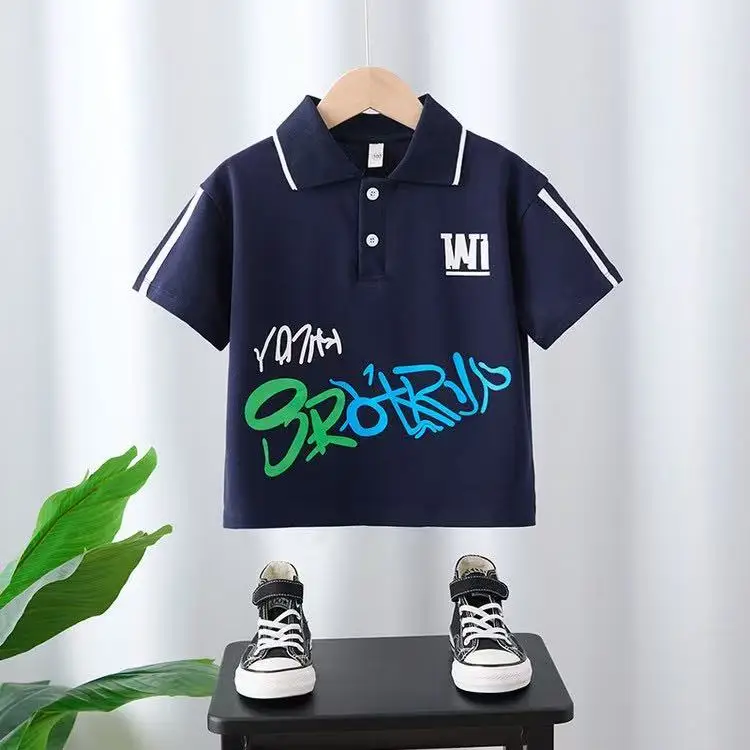Kid-Outdoor-Wear-Casual-Solid-Color-Child-Boys-Simple-Letter-Printed-Casual-Short-Sleeve-Lapel-T-shirt