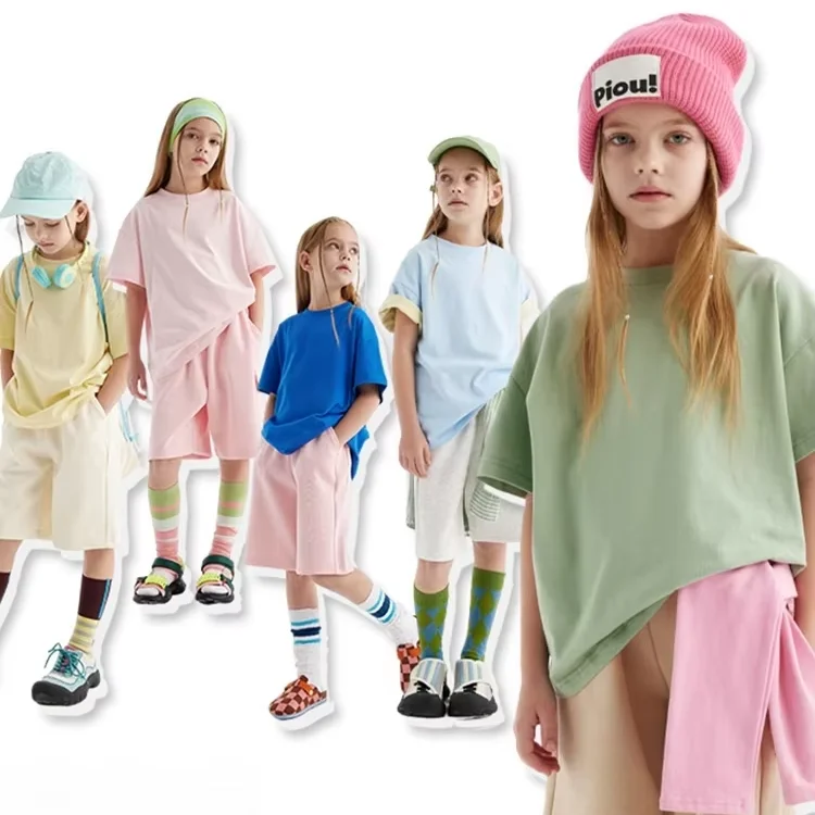 Kids-100-Cotton-T-Shirt-Oversized-Hip-Hop-Style-Embroidered-Blank-Design-Solid-Pattern-210-Grams-Woven-Fabric-Short-Sleeve