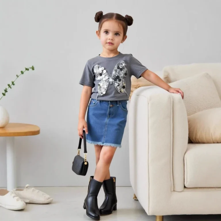 Kids-Girl-Sequined-Butterfly-T-shirt-Frayed-Denim-Skirt-Two-Piece-Summer-Casual-Outfit