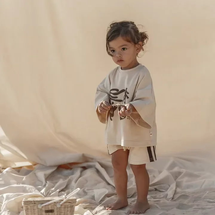 Kids-Oversized-T-shirt-and-Shorts-with-Down-Side-Stripe-Elastic-Cotton-Australia-Summer-Set-for-Little-Baby