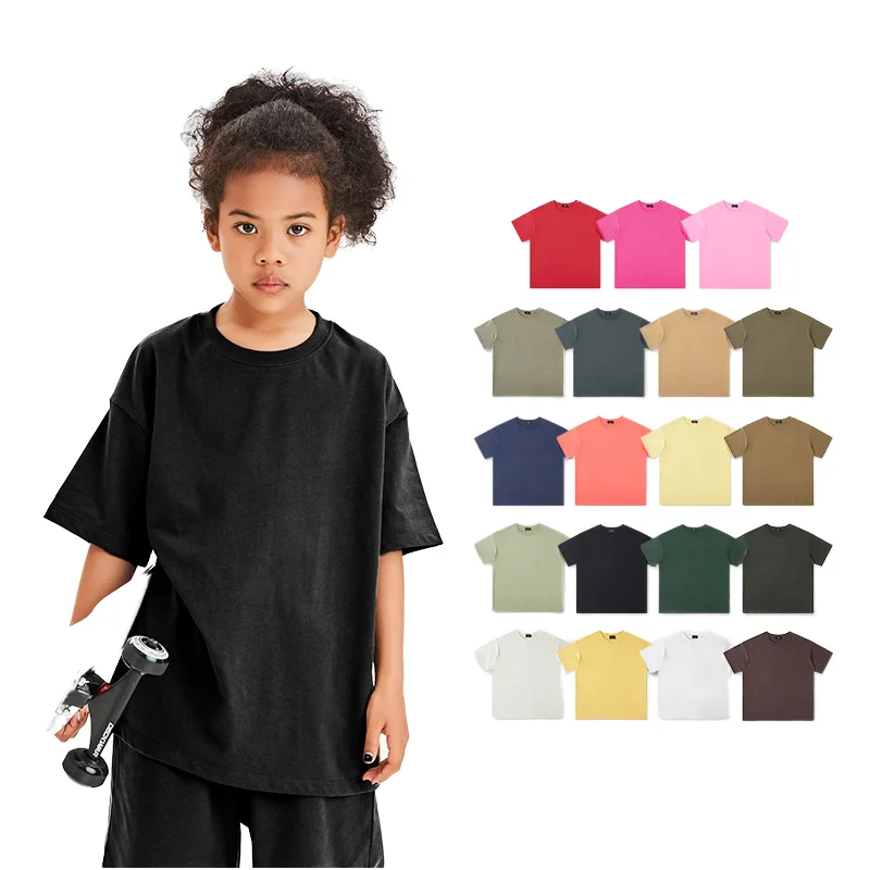 Kids-T-shirt-230gsm-100-cotton-Street-Style-Solid-Color-Short-Sleeve-Summer-Custom-Screen-Logo-in-Stock-T-shirt