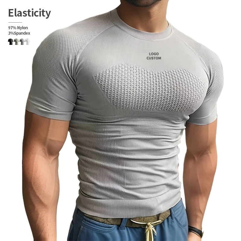 Knitted-Mens-Gym-Wear-Tshirt-Quick-Drying-Compression-Oem-Custom-Print-97-Nylon-3-Spandex-Slim-Fit-Short-Sleeves-Solid