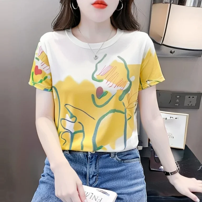 Korean-Station-Short-Sleeved-Womens-Loose-Fashion-Womens-T-shirt-Round-Neck-Versatile-Womens-Top-Womens-Clothing